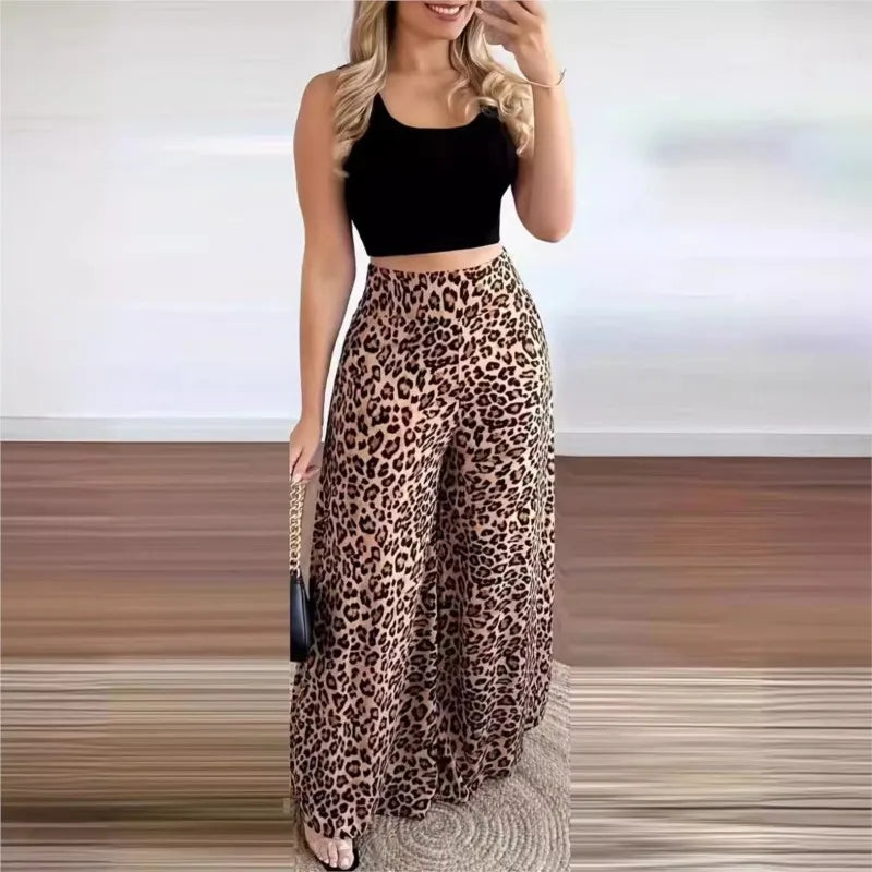 Women Two Piece Sets Outfits 2024 Summer Fashion Square Neck Sleeveless Crop Tank Top & Leopard Print Pocket Wide Leg Pants Set.