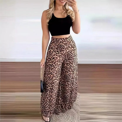 Women Two Piece Sets Outfits 2024 Summer Fashion Square Neck Sleeveless Crop Tank Top & Leopard Print Pocket Wide Leg Pants Set.