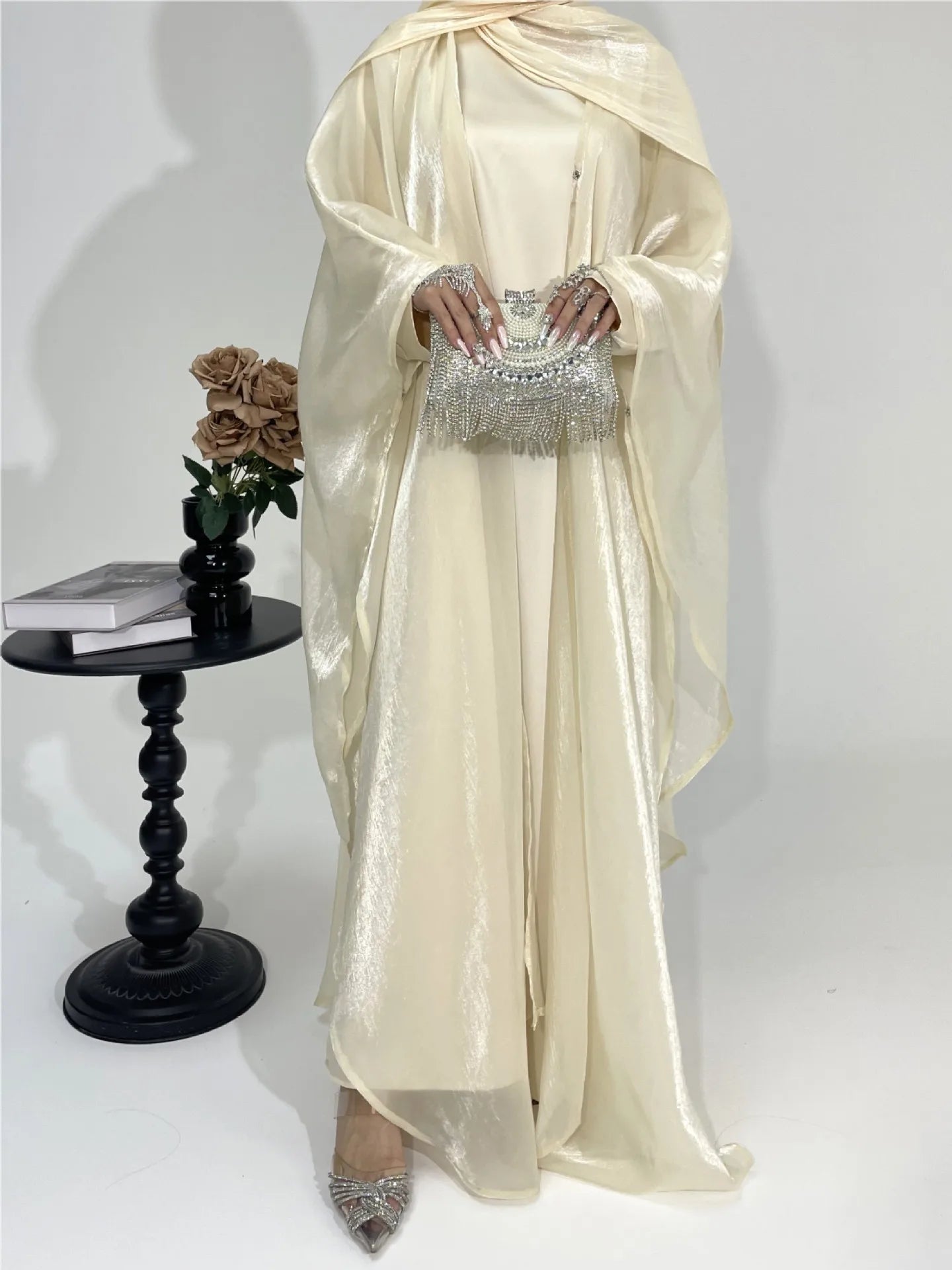 Muslim 2025 New Fashion Women's Solid Color Elegant Casual Trendy Loose 2 Piece Sets Long Sleeve Cardigan Coat Inner Dresses.