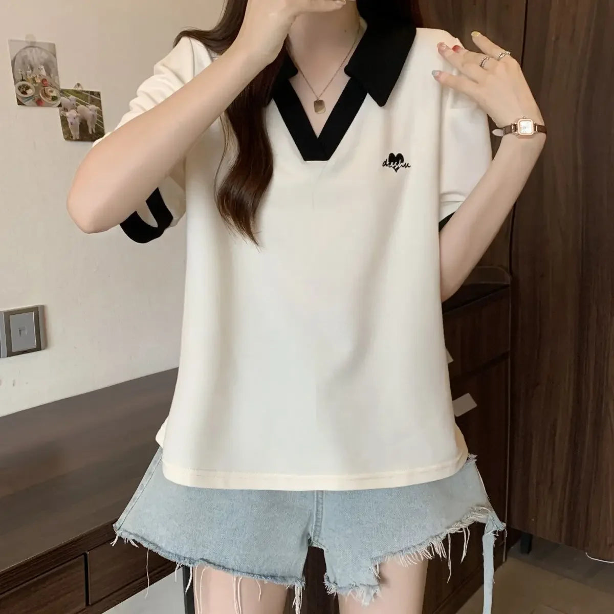 Plus Size Women's Casual Polo Neck Short Sleeve T-Shirt Slimming Belly Cover Summer Age Defying Shoulder Level Top