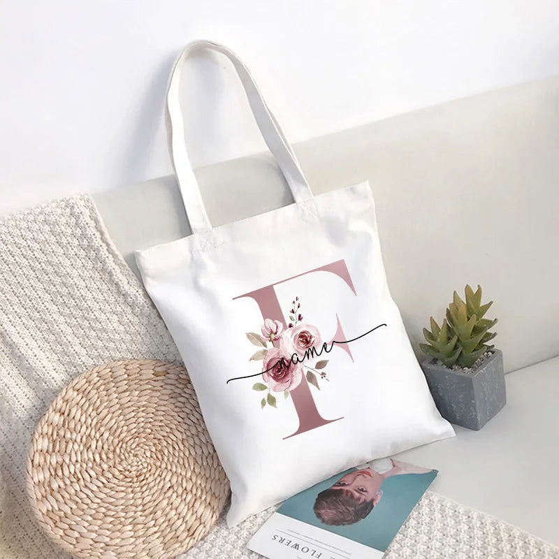 Custom Name White Canvas Tote Bag Large Capacity Foldable Supermarket Shopping Bag for Women Shopper Personalized Handbags.