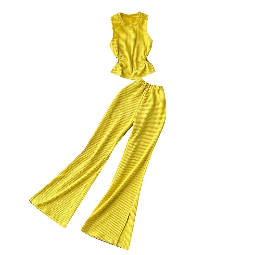 Korean Suits Women's Two Piece Set Summer Slim Fit Sleeveless O-neck Tops High Waist Slits Trousers Two-piece Suit Female D1109.