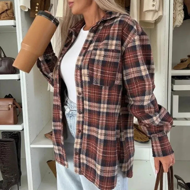 Women Elegant Checkered Print Office Shirt Spring Autumn Turn-down Collar Button Blouses Casual Long Sleeve Street Top Cardigans.