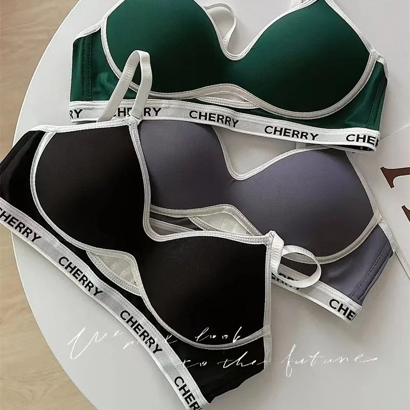 Summer Striped Lettering Light Face Gathered Anti-sagging Casual Black Bra No Scar Underwear Women No Steel Ring Bra.