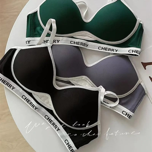 Summer Striped Lettering Light Face Gathered Anti-sagging Casual Black Bra No Scar Underwear Women No Steel Ring Bra.