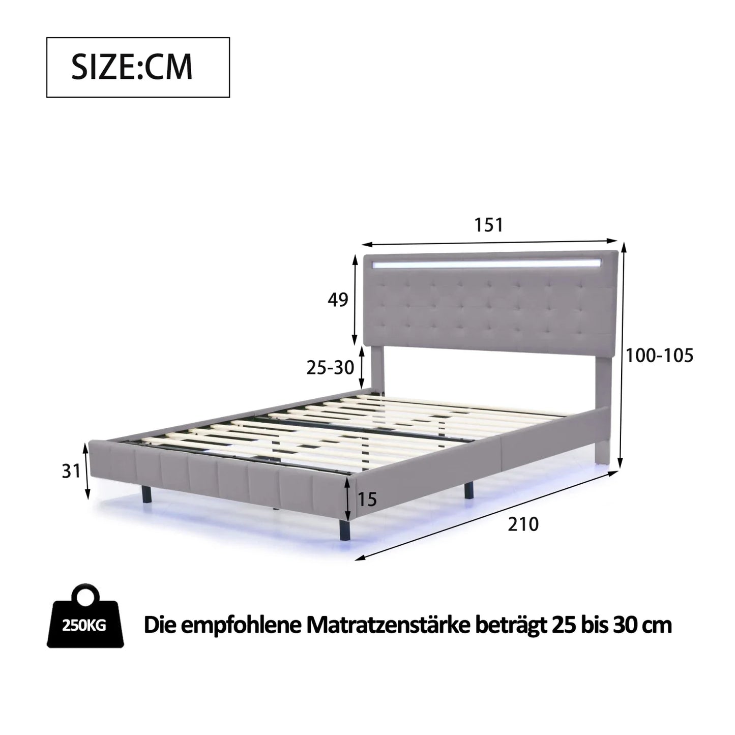 Rosahqnda Polsterbett 160 x 200 cm, Doppelbett mit LED- und USB-Anschluss, schwebender Bettrahmen, Beige, Leinen