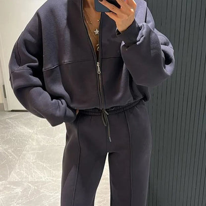 BKLD 2025 Casual Women's Tracksuit Sets Zip-up Loose Cropped Cardigan+Drawstring Sweatpants Solid Fashion Running Street Outfits.