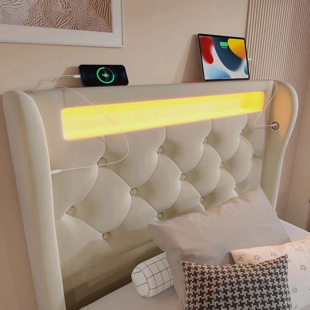 KOMHTOM Modernes Polsterbett Einzelbett 90x200cm mit LED-Leuchten, USB- und Typ-C-Anschlüssen, Hydraulisches Stauraumbett