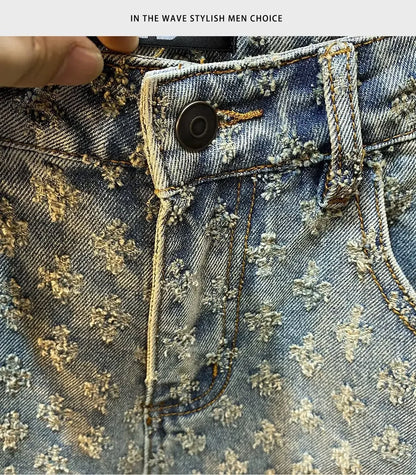 Retro American Casual Vintage Worn Short Jeans Men Straight Loose High Street Five-Point Pants Summer 2025 Distressed Denim.