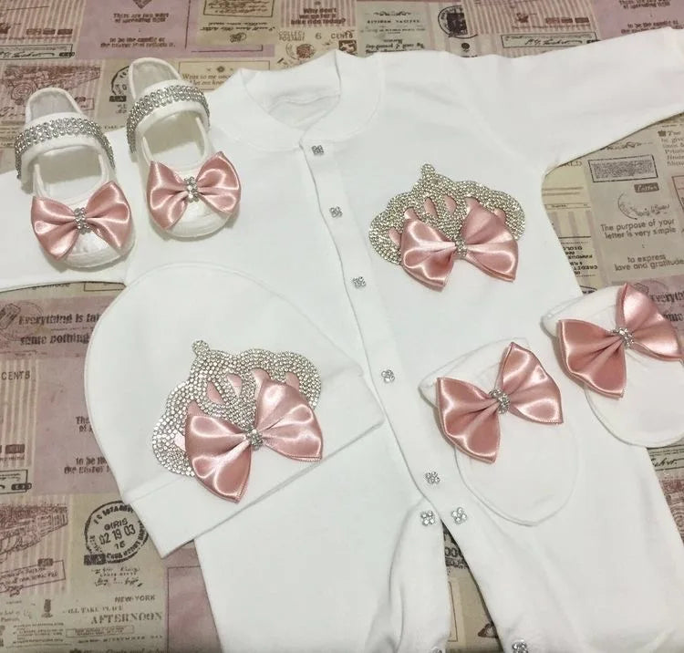 Dollbling Newborn Set Baby's Sets Rhinestone Crown 0-3 Months Hat+Bodysuits+Gloves+Shoes 4 Parts Boy Girl Jumpsuit Clothing