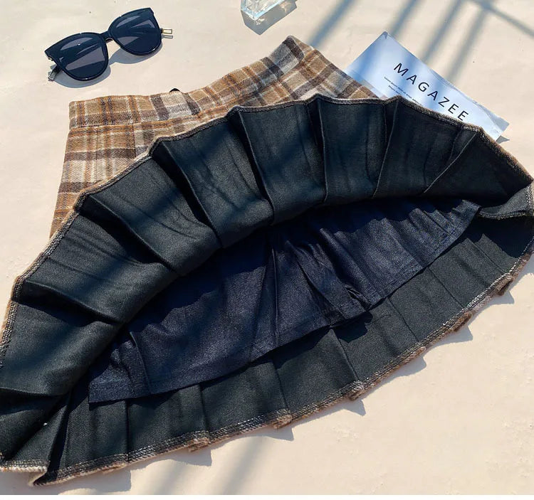 Plaid Woolen Blends Pleated Skirt For Women Fall Winter High Waist A-line Skirt Ladies Fashion Khaki Mini Skirts Vintage Female.
