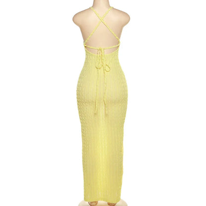 Sexy Streifen Rippen Stricken Schlank Bodycon Maxi Kleid Frauen Ärmellose Backless Lange Popcorn NDress Elegante Club Party Vestidos
