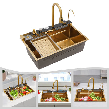 Multifunktionales Küchenspülbecken aus Edelstahl, goldenes Küchenset, mehrere Wasserauslassmodi, mit Siebwaschbecken und Waschbecken