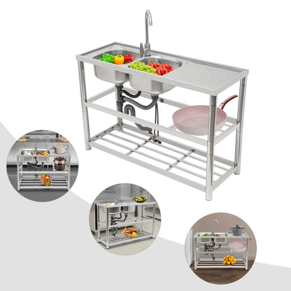 Dual Sink Stainless Steel Sink, Large Capacity, 360° Rotating Faucet, Raised Edges, Layered Filtration for Kitchens