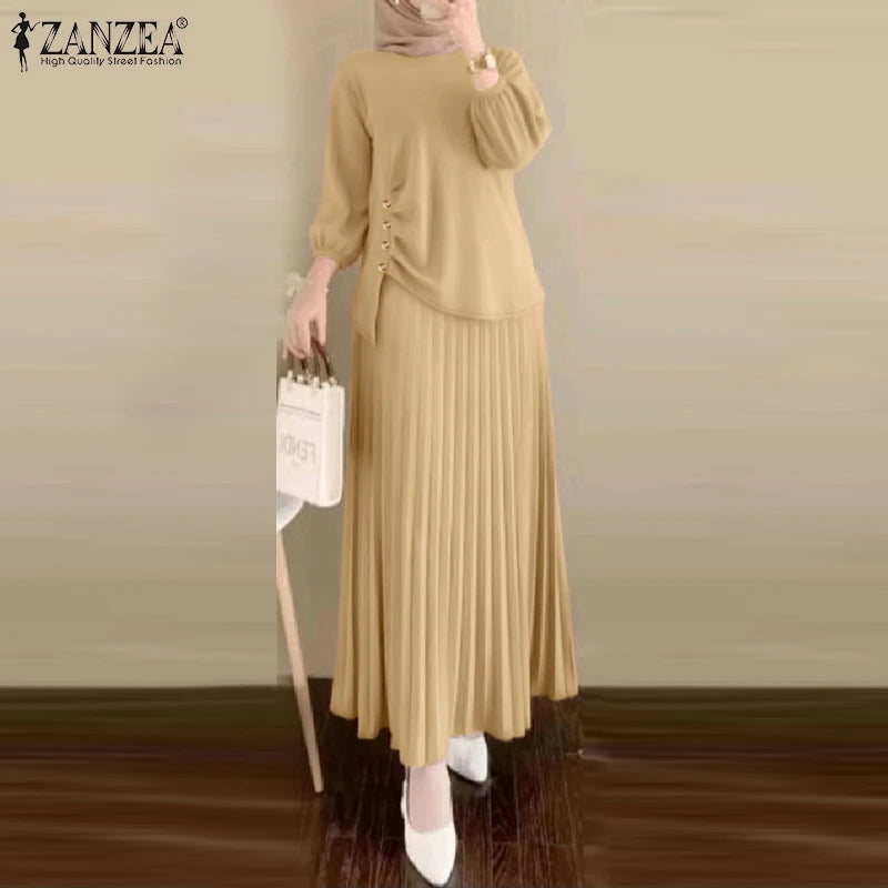 2025 ZANZEA 2PCS Autumn Outfits Casual Long Sleeve Tops Dress Suit Elegant Women 2 Piece Sets Muslim Tracksuits OL Matching Sets.