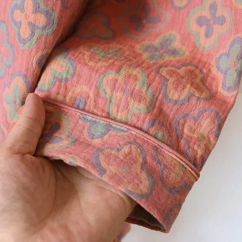 100% Cotton Crepe Homeclothes 2023 Autumn/Winter Women's Pajamas Suit Long-Sleeved Trousers 2-piece Yarn-Dyed Jacquard Pajamas.