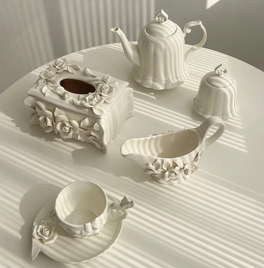 Vintage relief ceramic coffee set, hand-squeezed camellia afternoon tea set, tissue box, creative gift..