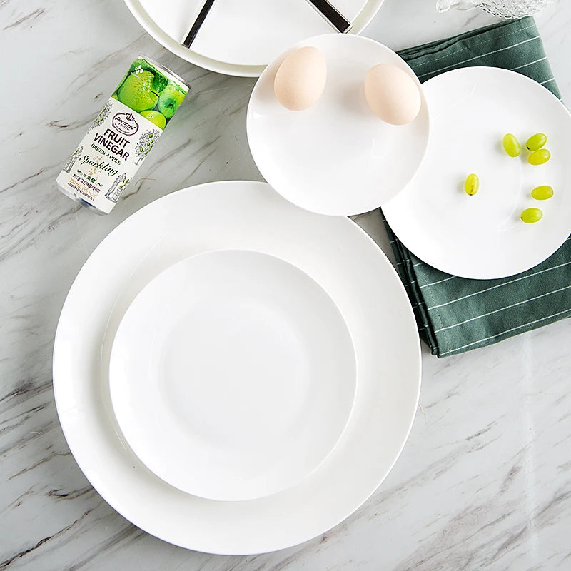 8 inch, plain white bone china vintage round deep plates, white ceramic tray, japanese style, dinner serving plate.