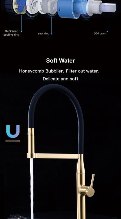 Luxury Brushed Gold Brass Pull Out Kitchen Faucet with Ceramic Cartridge Hot Cold Water Sink Tap Modern High End Sprayer Durable