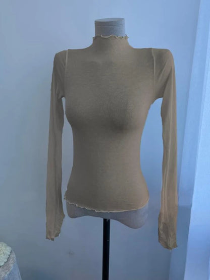 Sexy See-through T Shirt Women High Elasticity Tee Shirt Slim Thin Ruffled Turtleneck T-shirt Female Solid Top.