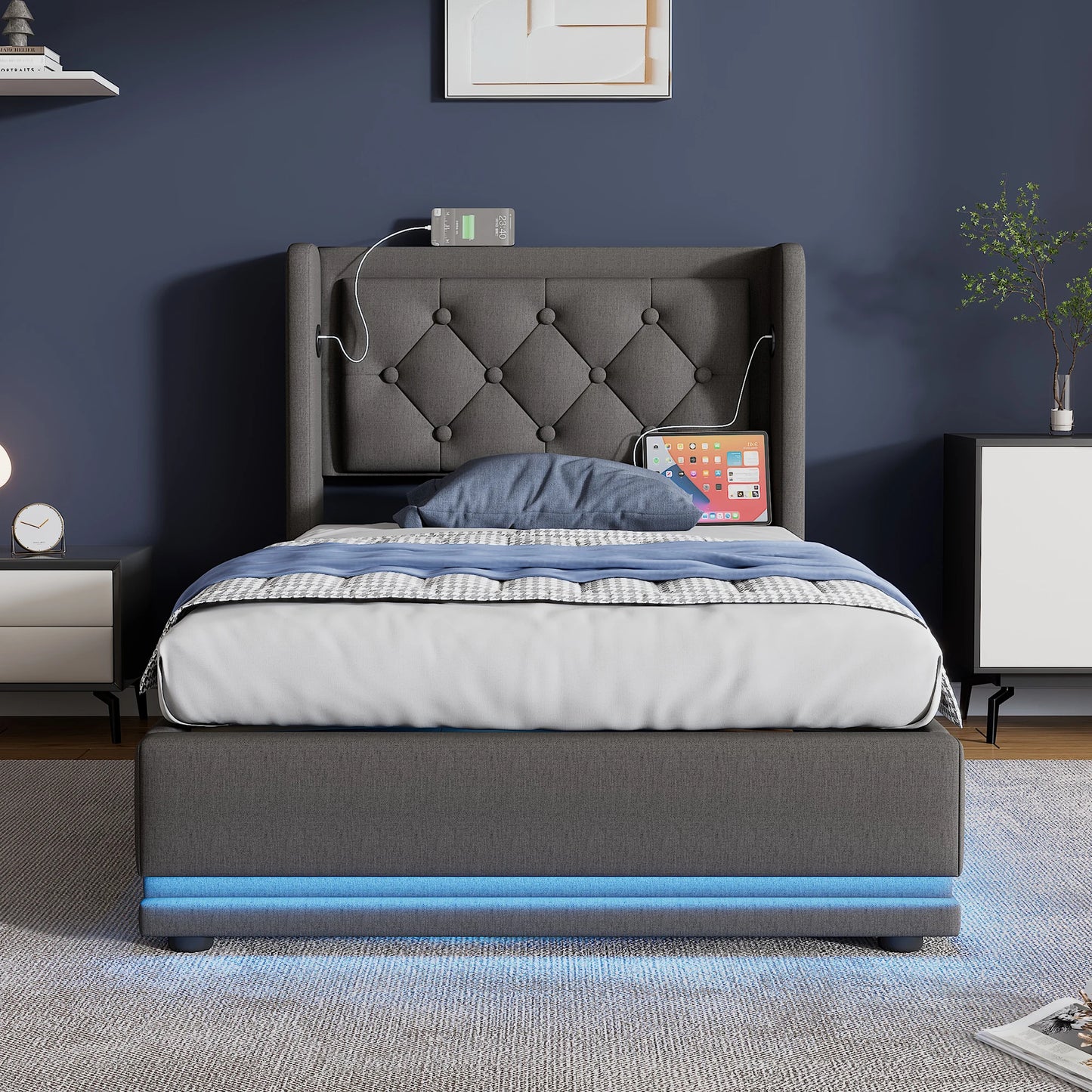 Gepolstertes Einzelbett 90x200 cm, graue Baumwolle, USB-C-Aufladung, 3-seitige LED (keine Matratze)