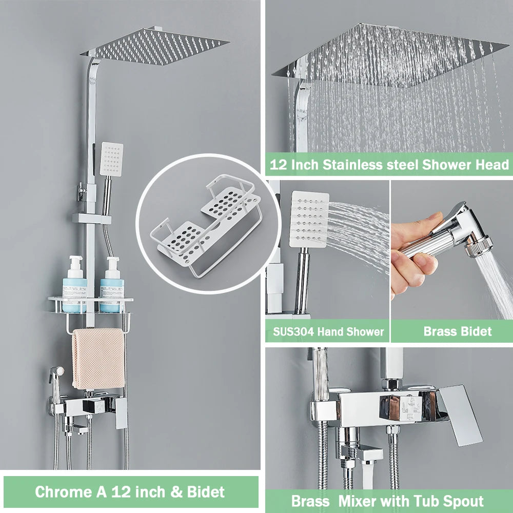 Rainfall Bathroom Shower Faucet Kit With Bidet Wall Mounted Stainless Steel Hot Cold Water Mixer Tap System With Rack,Tub Spout