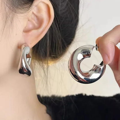 New Retro Chunky C Shape Hoop Earrings Glossy Gold Plated Pvd Circle Round Tube Huggie Hoops Stacked Ear Jewelry.