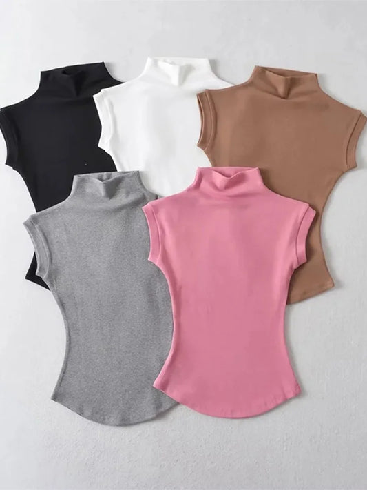 Women Summer Sexy Turtleneck Sleeveless T-Shirts Tops Solid Slim Fit Pullovers Causal Tees Shirts Female Streetwear Basics Tees.