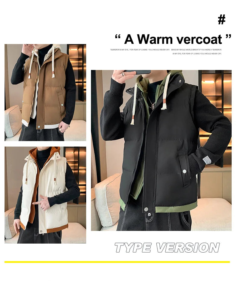 Men Windproof Hooded Vest Men Jacket Sleeveless Vest Winter Jacket Casual Coat Men Down Cotton Warm Thicken Waistcoat Thick Coat.