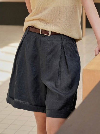 Summer Korea Style Lazy Linen Curled Bermuda Shorts Wide Leg Loose Slim Casual Hot Pants For Women