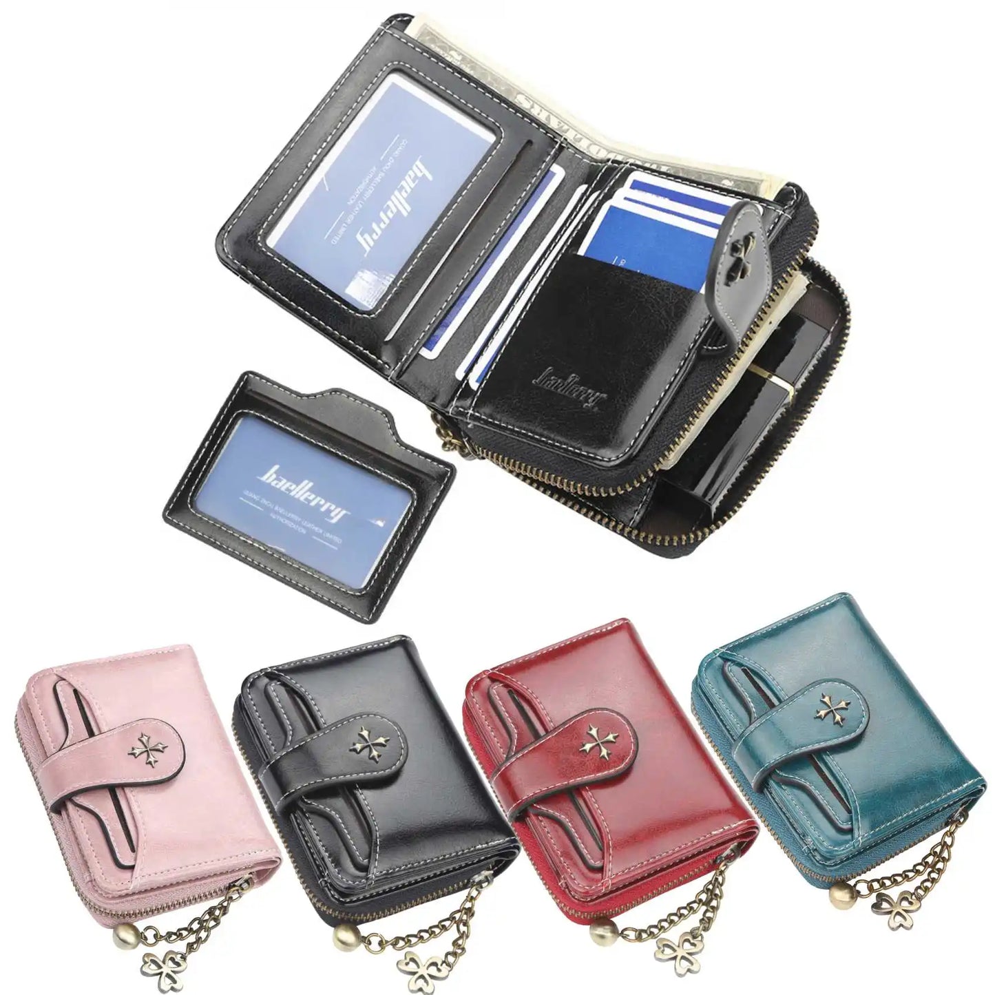 Women's Short Oil Wax Leather Coin Purse Fashion Buckle Zipper Wallet Driver's License Card Bag.