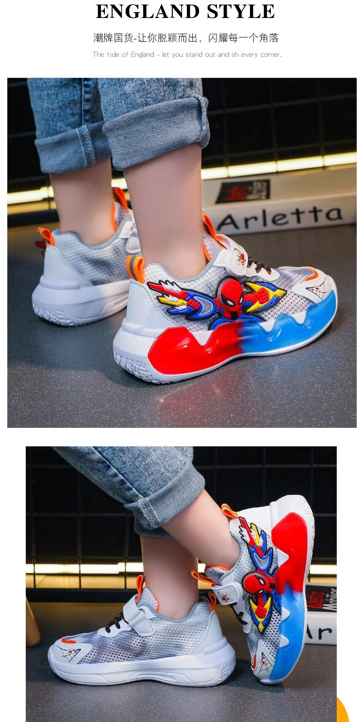 Disney Children's Shoes Fashion Cartoon Spiderman Sneakers for Boys Breathable Sport Shoes Anti-slip Toddler Shoes Student Shoes.
