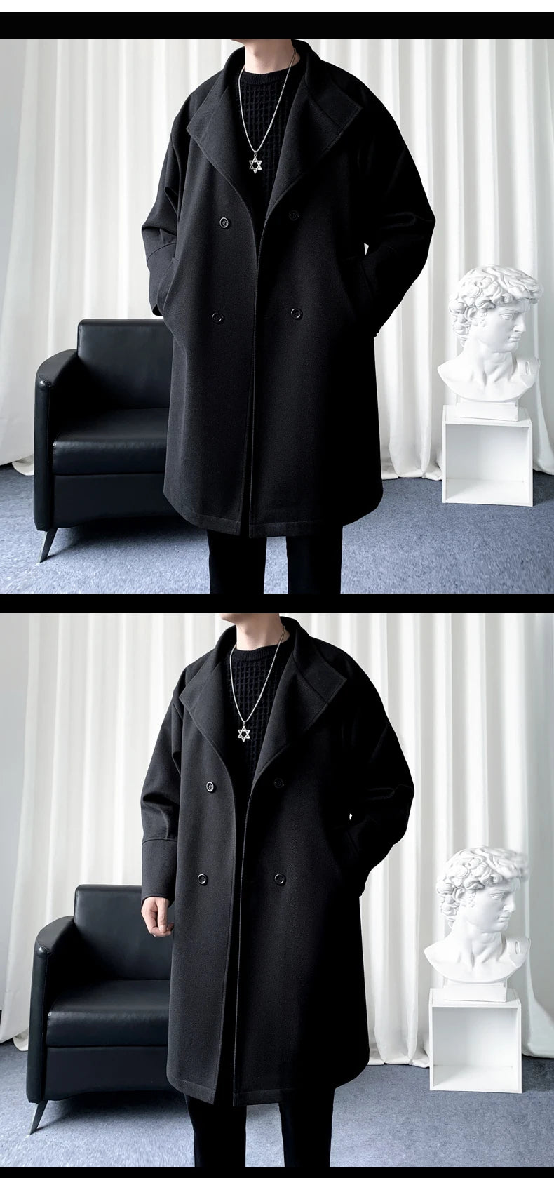 Korean Trend Men's Lapel coat Loose  Casual Double-breasted Overcoat Autumn Winter Fashion New Long Sleeve Woolen Coat.