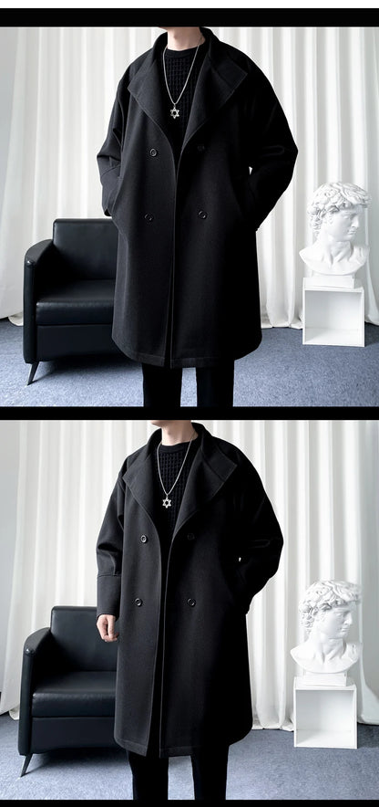 Korean Trend Men's Lapel coat Loose  Casual Double-breasted Overcoat Autumn Winter Fashion New Long Sleeve Woolen Coat.