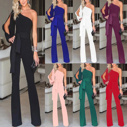 2024 Spring New Women's Single Shoulder High-waisted Belted Slimming Jumpsuit Amazon Cross-border Seller Sexy Smooth Silhouette.