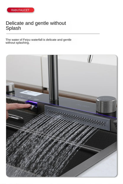 Wasserfall-Küchenspüle aus Edelstahl 304, großes Einzelschlitz-Wasserhahn-Set mit integrierter Digitalanzeige, Seifenspender, Tassenwascher