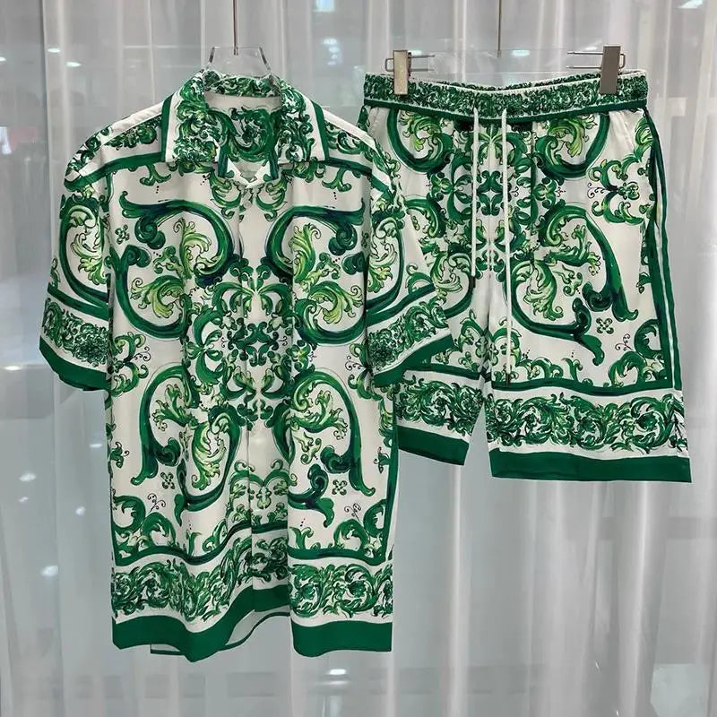 Summer 2025 Digital Print Casual Short Sleeve Mens Shirt Shorts Hawaiian Shirt Set Cross-Border Youth Fashion Male Model Clothes.