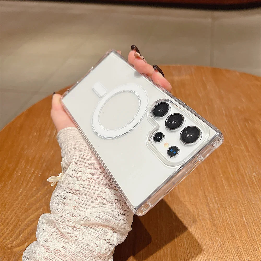 Magsafe Magnetic Charge Phone Case For Samsung Galaxy S25 S24 S23 Ultra S22 Plus S21 FE A16 A15 A35 A55 Clear Acrylic Slim Cover.