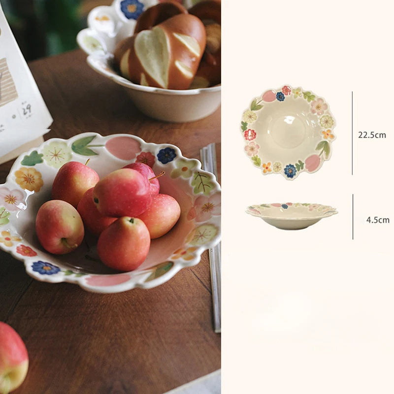 Floral Embossed Rim Soup Dessert Plate - Elegant Ceramic Appetizer Dish for Breakfast, Cafe Dining, Home Kitchen Tableware Set