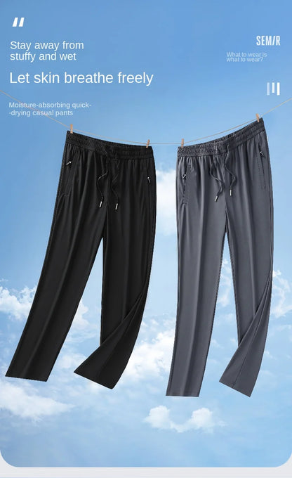 Ice Silk Men's trousers 2024 summer black-and-gray thin style business casual pants outdoor stretch breathable straight leg loos.