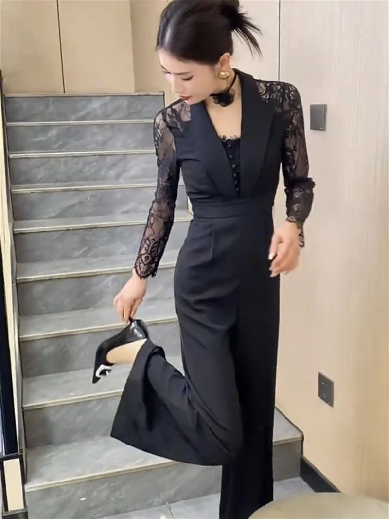 BESTBAFU Sexy Lace Patchwork Sheer Jumpsuit Women  Spring Elegant Office Formal Outfit Black High Waist Wide Leg Romper 126P.