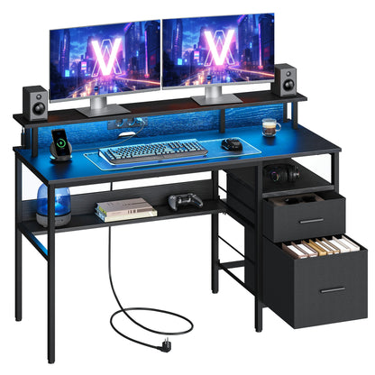 VASAGLE Schreibtisch mit Schubladen, Computertisch mit Monitorständer, LED-Beleuchtung, 55 x 135 x 90 cm, eingebaute Steckdosen