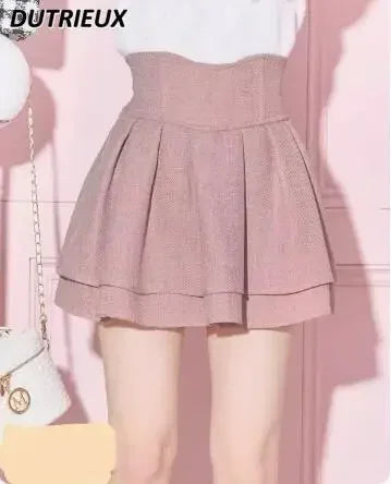 Japanese Lolita Skirts Ruffled Pleated Plaid Skirt Women 2025 Spring New Elastic High Waist Slimming Gentle Mini Skirt Culottes.