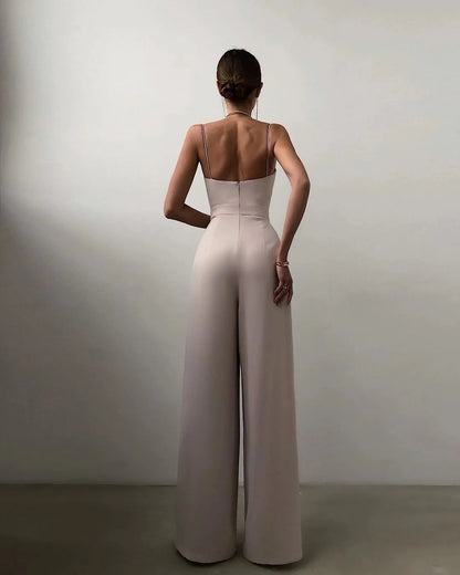 2023 Spring Chiffon Sexy Joker Solid Elegant Spaghetti Strap European and American Women's High Waist Wide Leg Jumpsuits.