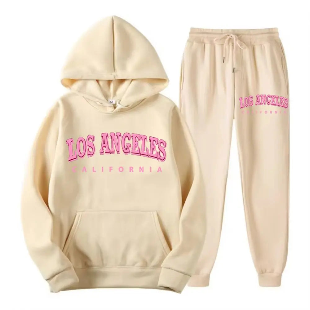 Two Piece Set Street Womens Hoodie & Pants Fleece Pocket Loose Pullover Los Angeles California Print Clothes Fashion Sportswear.