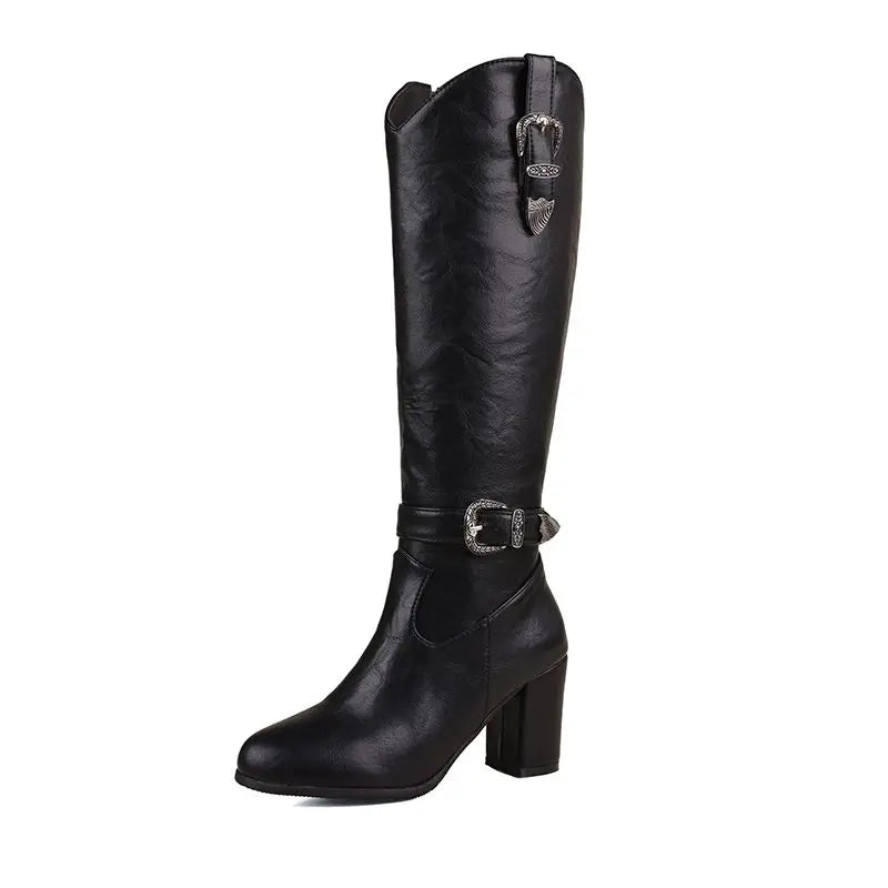 Girseaby British Style Women Knee High Boots Round Toe Block Heel 7.5cm Zipper Plus Size 51 52 Fashion Riding Bota.