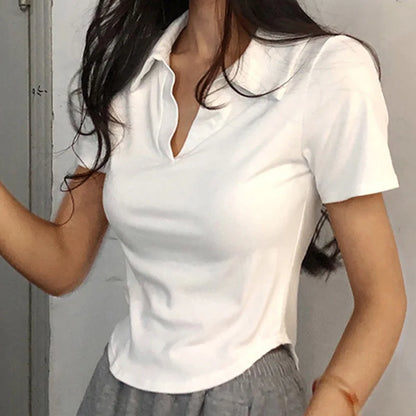 Summer Short Sleeve Lapel Top Women'S Solid V-Neck Pullovers Retro Sweet Shirts Hot Girl Crop Top Female Slim Versatile Tee.