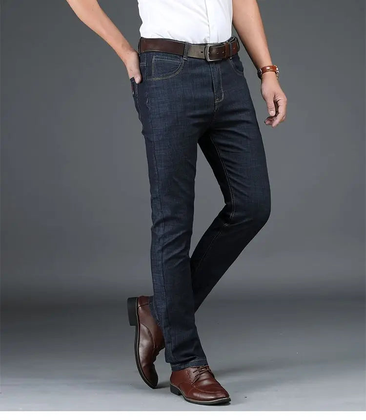 Classic Straight Men's Jeans Fitted Comfortable Elastic Business Casual Denim Pants Korean Fashion  Autumn Casual Trousers.