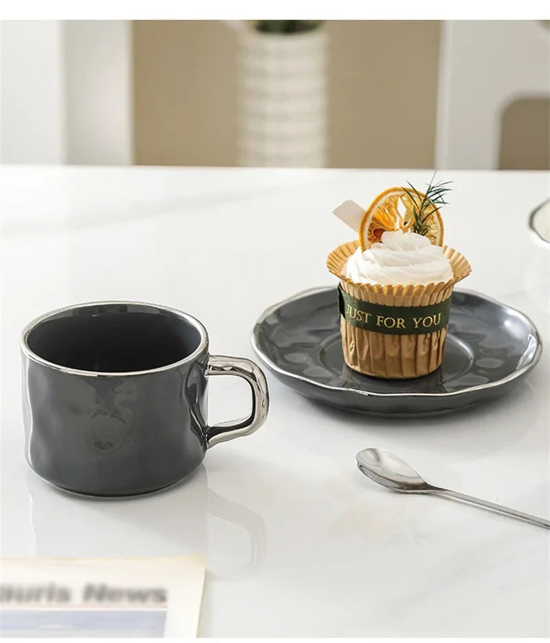 230ml European Style Coffee Cup with Saucer and spoon Ceramic mug Solid Color Tea Cup and Saucer Set Afternoon Tea Milk Cup.