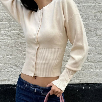 Women's High Waist Round Neck Single Breasted Cardigan Solid Long Sleeve Short Sweater Top Autumn Slim Bottoming Shirt